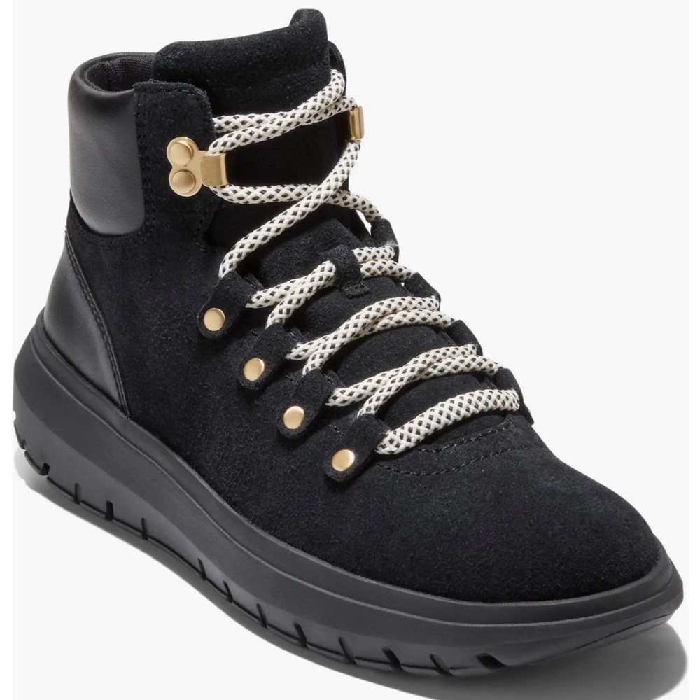 Cole Haan Grand Raelyn Black Suede Lace-Up Platform Waterproof Hiking Boot